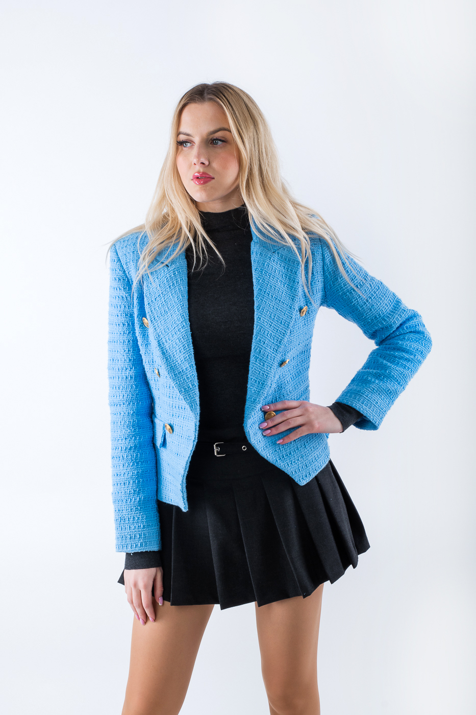 41003 Жакет укорочений твідовий блакитний  