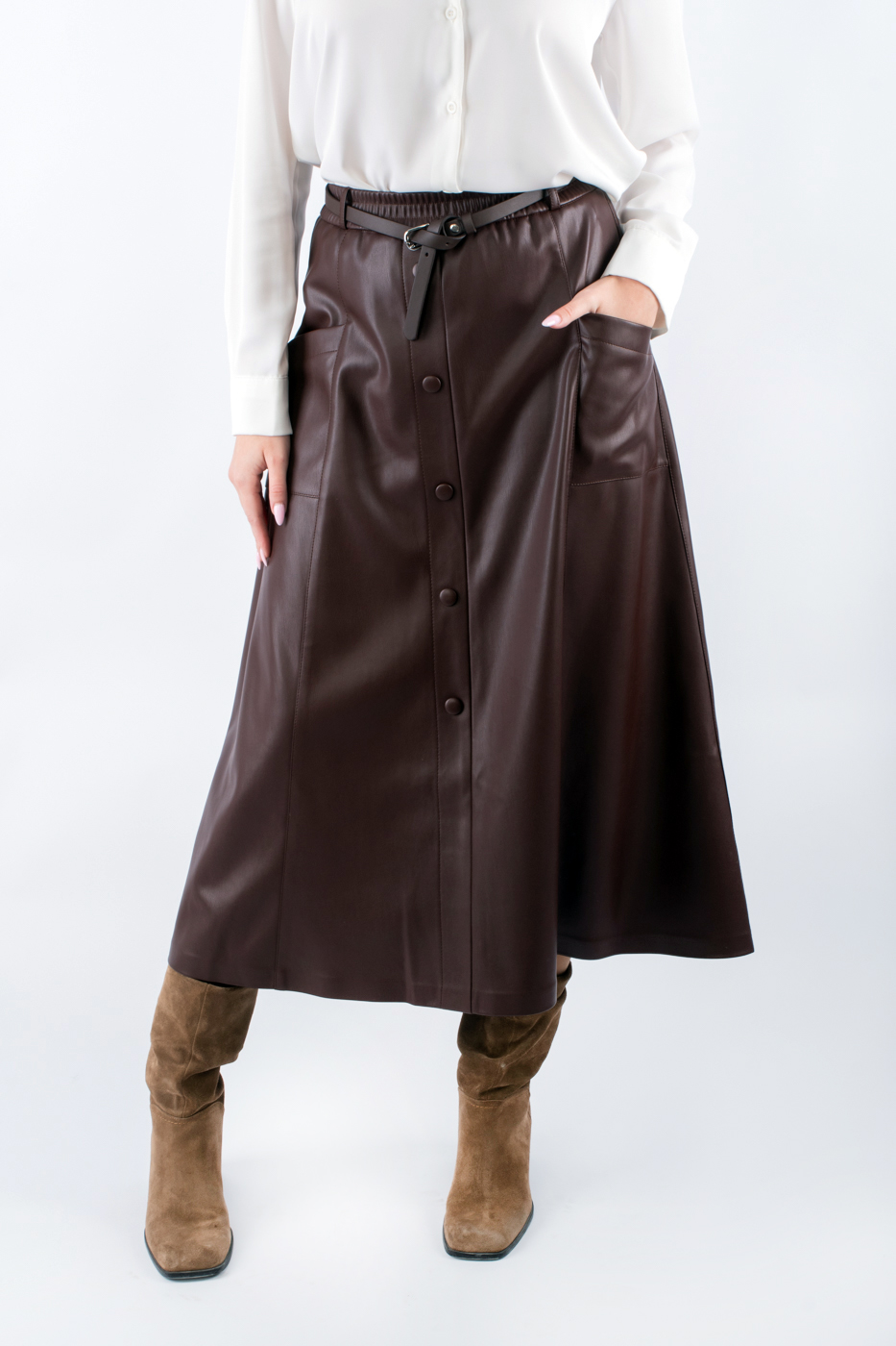 81015 Спідниця максі з кишенями широка екошкіра коричнева 81015 Спідниця максі з кишенями широка екошкіра коричнева