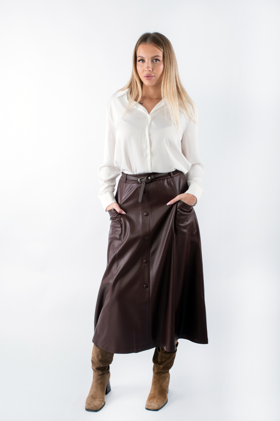 81015 Спідниця максі з кишенями широка екошкіра коричнева 81015 Спідниця максі з кишенями широка екошкіра коричнева