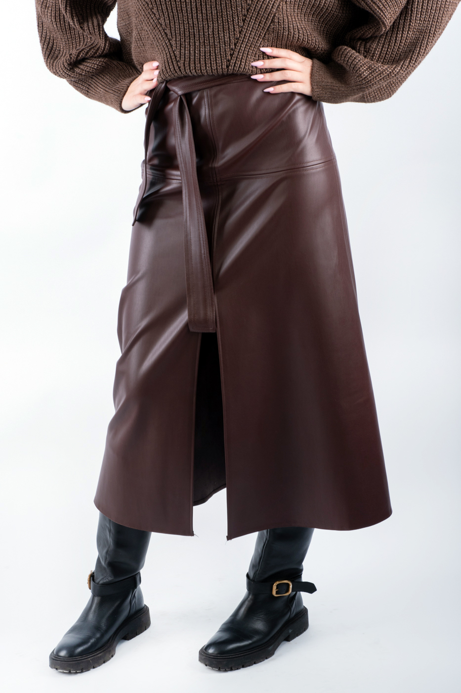 81017 Cпідниця максі з поясом екошкіра коричнева 81017 Cпідниця максі з поясом екошкіра коричнева