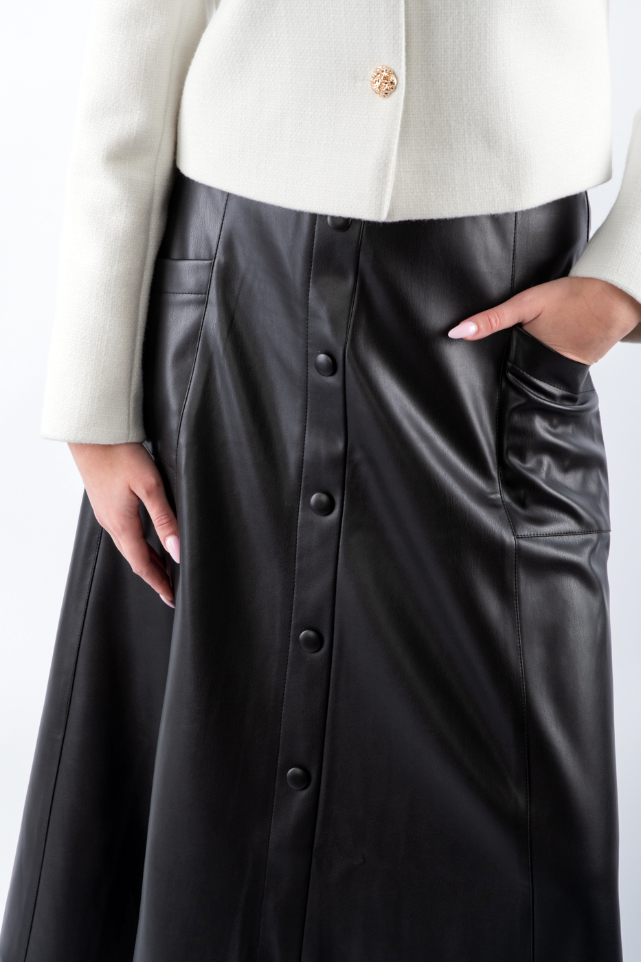 81015 Спідниця максі з кишенями широка екошкіра чорна 81015 Спідниця максі з кишенями широка екошкіра чорна