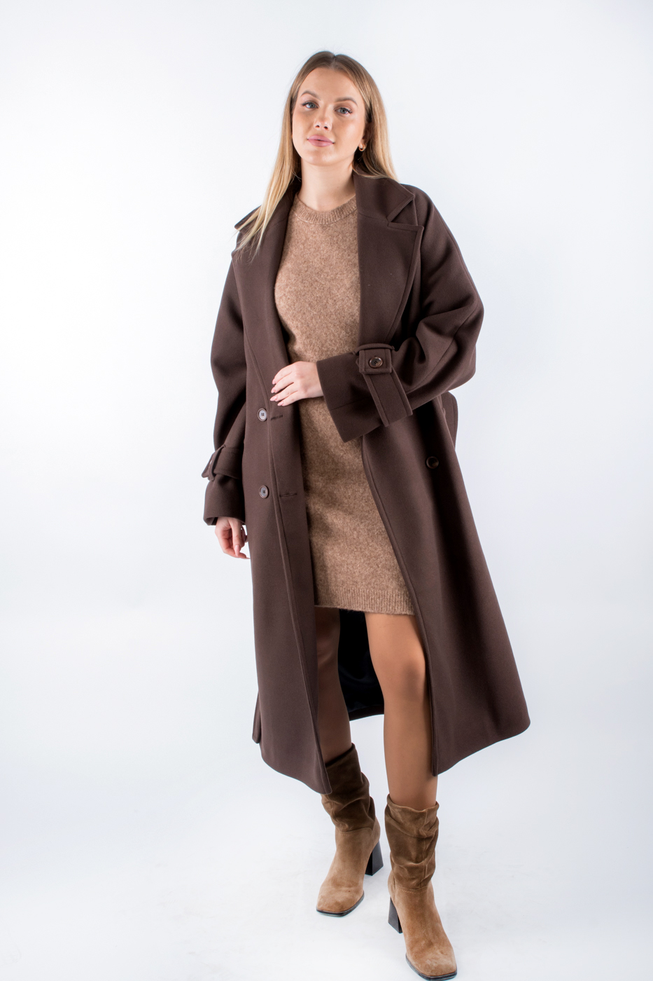 24525 Пальто двобортне довге коричневе