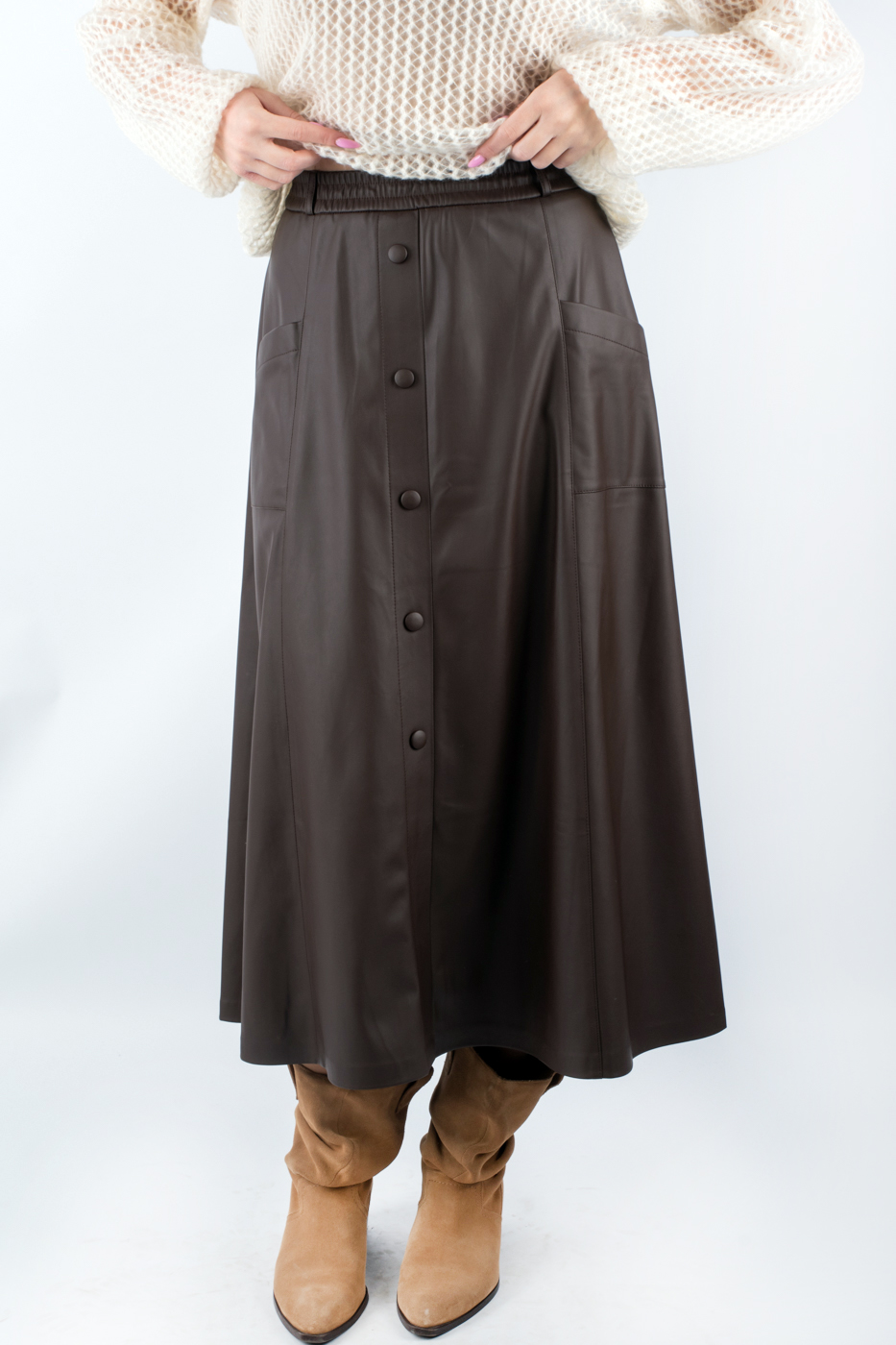 81015 Cпідниця максі з кишенями широка темно-коричнева