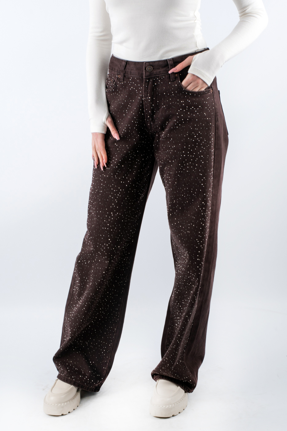 D-920 Джинси прямі зі стразами коричневі 