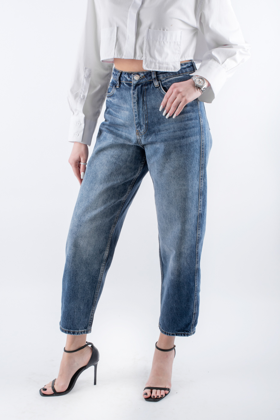 3240 Джинси МОМ широкі з потертостями сині 